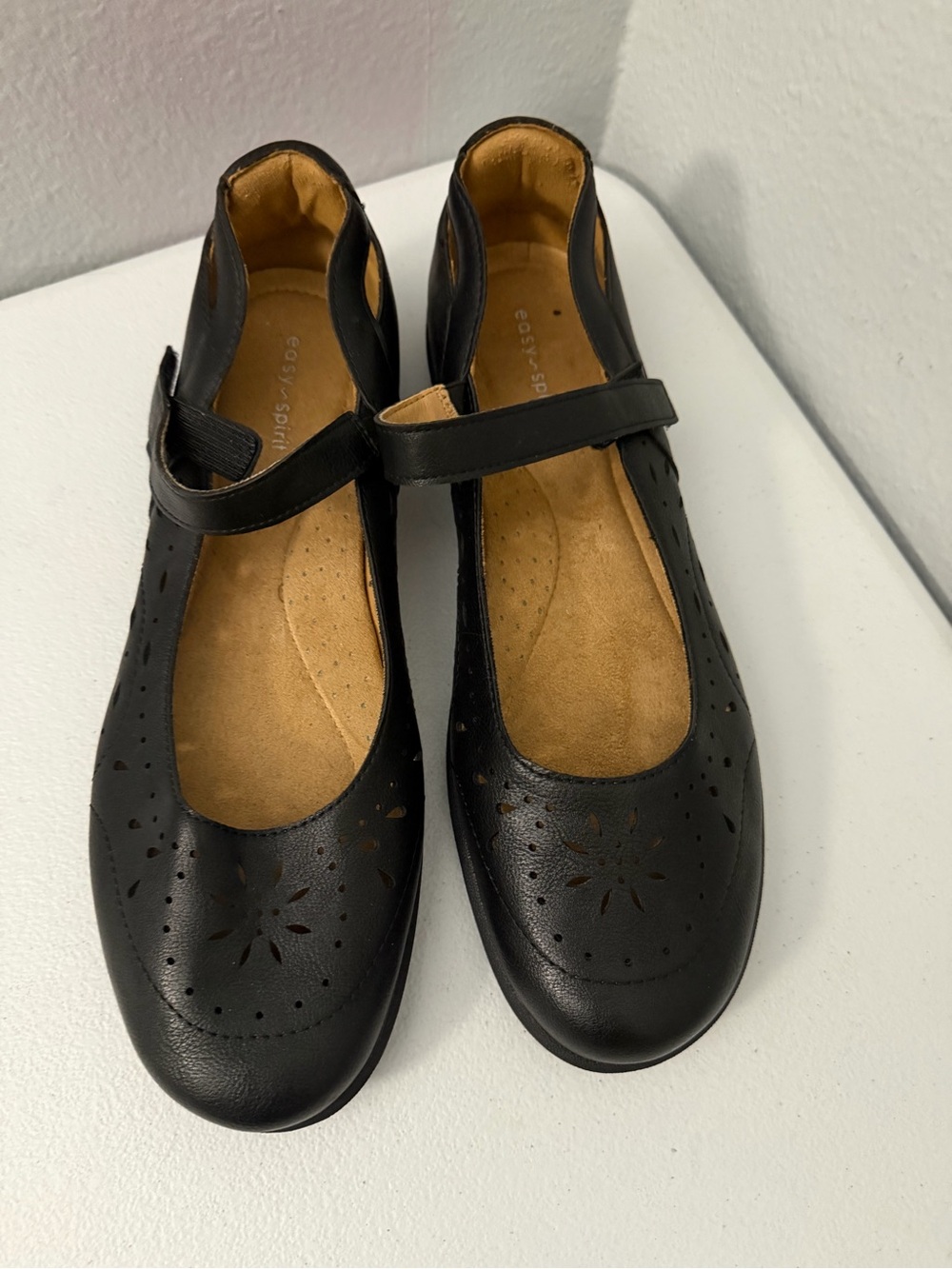 Easy Spirit Black Mary Jane Flats with Perforated Floral Detail